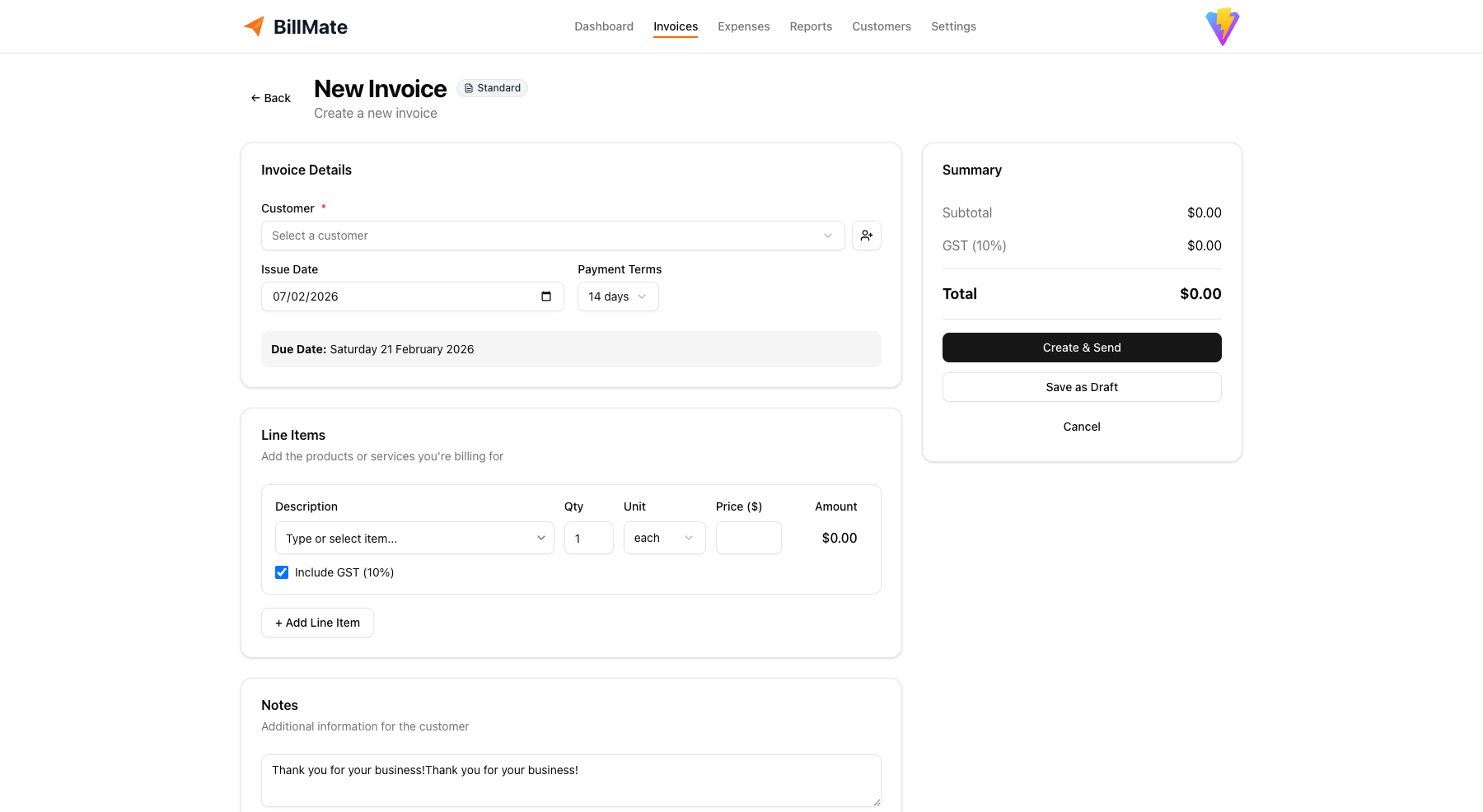 BillMate Invoice Creation