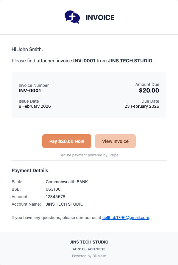 Invoice email with Pay Now button