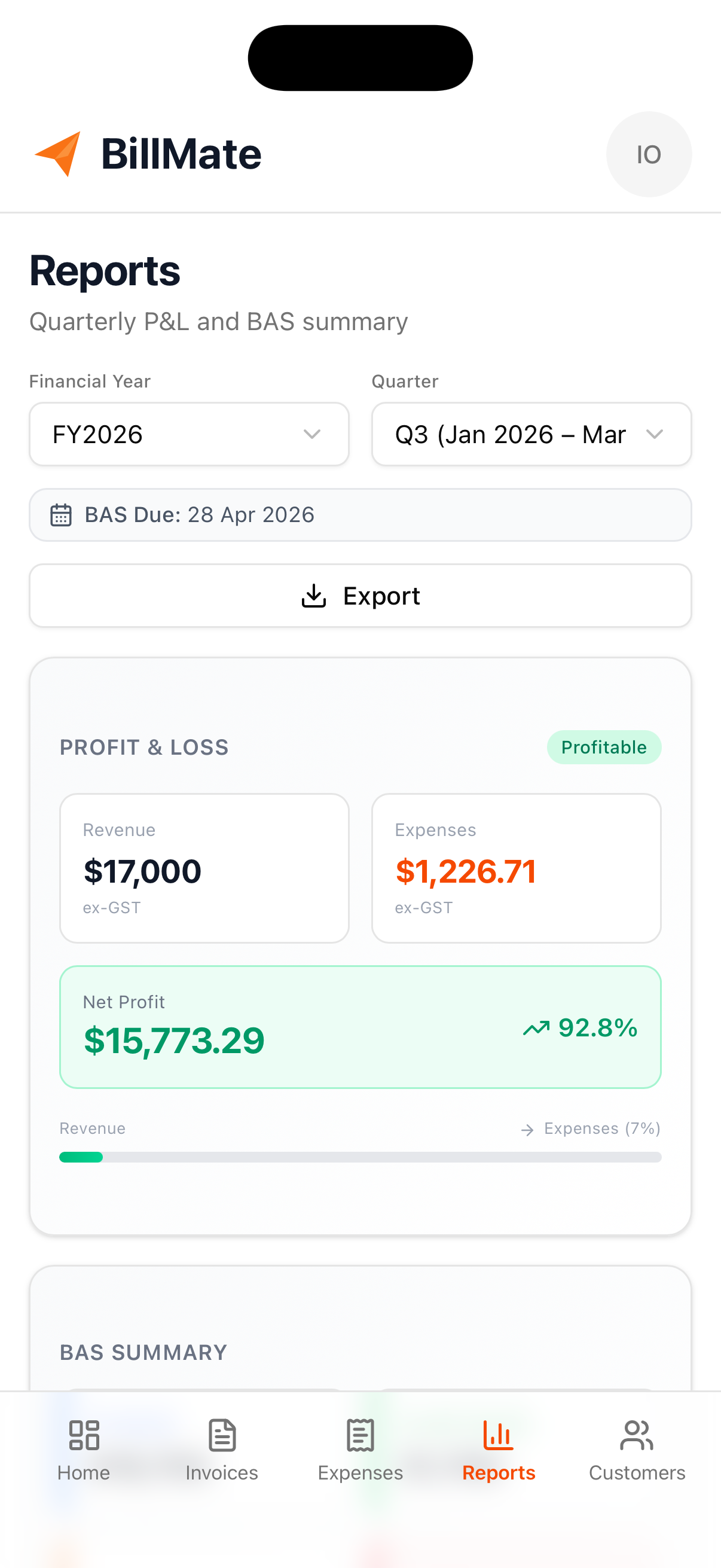 BillMate Reports Mobile